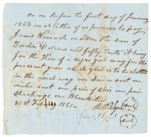 Promissory note regarding temporary service of enslaved woman in Virginia, 1861.