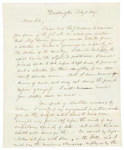 Letter relating to Massachusetts Congressman's views on Abolitionism