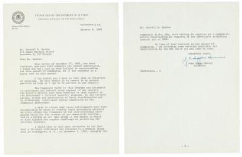 Letter from J. Edgar Hoover to a Darrel Marken, about the true nature of communism, as espoused in his book