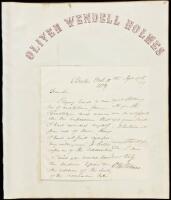 Two Autograph Letters Signed by Oliver Wendell Holmes, recipient unnamed but certainly L. Bradford Prince