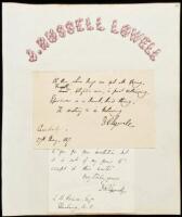 Autograph Letter Signed by James Russell Lowell, to L. Bradford Prince, along with Autograph Poem Signed by Lowell
