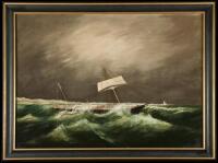 Untitled and unsigned painting of a large sailing vessel battered by wind and waves