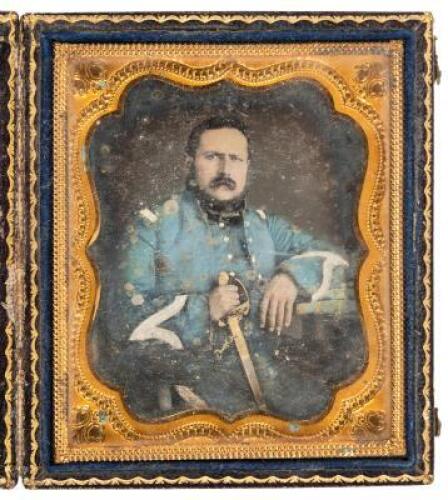 Daguerreotype of a seated soldier in uniform, holding a sword