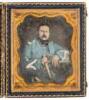 Daguerreotype of a seated soldier in uniform, holding a sword