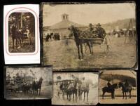 Five tintypes featuring horses and horse-drawn vehicles