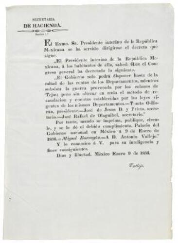 El Exmo. Sr. presidente interino de la República Mexicana se ha servido dirigirme el decreto que sigue: "El presidente interino de la República Mexicana, &aacute; los habitantes de ella, sabed: que el Congreso general ha decretado lo siguiente...