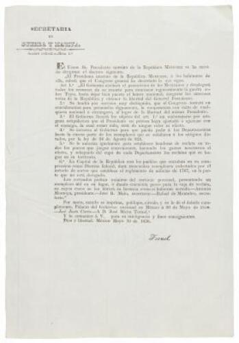 [Decree of the Congreso General, approved by Jose Justo Corro, president ad interim, on May 20, 1836 and promulgated the same day by Jose Maria Tornel, pledging every effort to secure the liberty of Santa Anna, but declaring, in section 3, any promises he