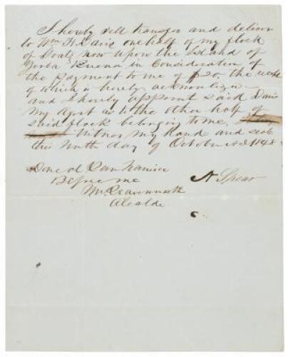 Manuscript receipt for sale by Nathan Spear to William Heath Davis of "one half of my flock of Goats now upon the island of Yerba Buena," revealing why the island in San Francisco Bay was then and is still called "Goat Island"
