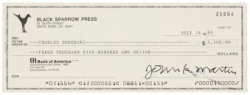 Check from Black Sparrow Press to Charles Bukowski, signed by Bukowski and John Martin