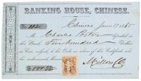 Banking House certificate to Charles Porter for $500 deposit in the Gold Rush boom town bank of Chinese, California