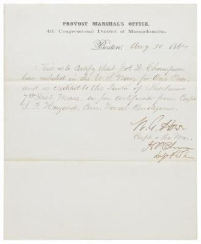 Official letter certifying the enlistment of Joseph D. Champion for one year’s service in the US Navy