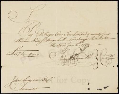 Manuscript payment voucher instructing Connecticut Treasurer John Lawrence to make payment to Col. Roger Enos, signed by Enos, Finn Wadsworth, and Samuel Wylly