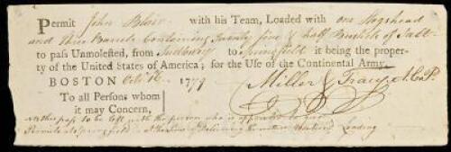 Pass for a man and his team to travel in Massachusetts during the Revolutionary War