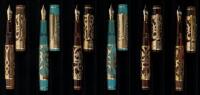 Lot of Six Wood and Resin Limited Edition Fountain Pens, 14K Gold Overlays