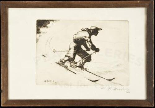 Original copper etching of a skier - signed