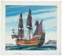 [Three-masted ship with red sails]