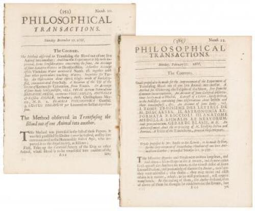 The first published work on blood transfusion, in two issues of Philosophical Transactions