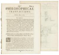 Two issues of Philosophical Transactions with articles on Robert Hooke's experiments with magnifying glasses and telescopes, plus other scientific matters