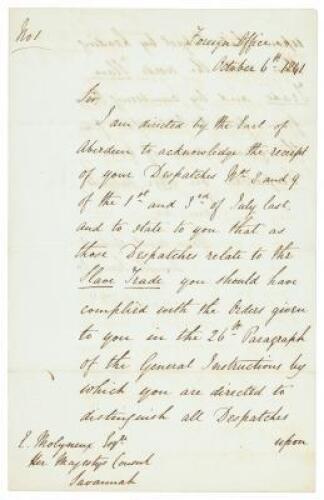 Manuscript Document To Edmund Molyneux, His Majesty&rsquo;s Consul, Savannah, Georgia, from the Superintendent of Consular Officers, British Foreign Office