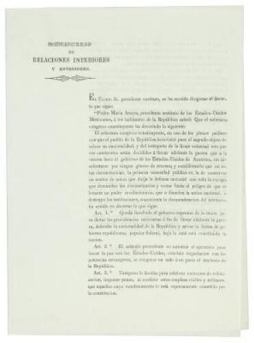 El Exmo. Sr. presidente sustituto, se ha servido dirigirme el decreto que sigue: Pedro María Anaya, presidente sustituto de los Estado-Unidos Mexicanos, á los habitantes de la Republica sabed: Que el soberano congreso constituyente ha decretado loe sigu