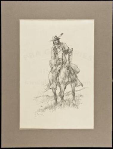 Original pencil drawing of a Native American on horseback