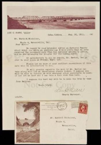 Typed Letter Signed, on pictorial letterhead, from Lou Hare, Monterey County Surveyor, to a Murdoch Nicholson