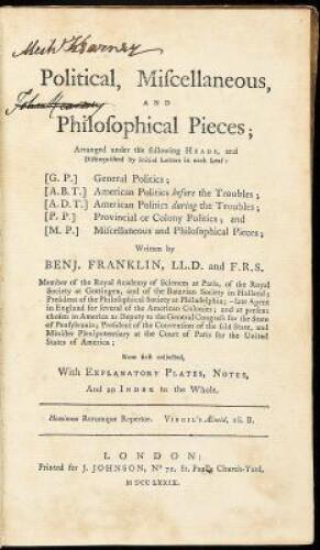 Political, Miscellaneous, and Philosophical Pieces; Arranged under the Following Heads, and Distinguished by Initial Letters in each Leaf...