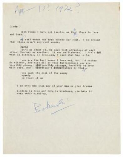 Original typescript letter from Charles Bukowski to Linda King