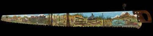 Crosscut logging saw painted with scenes of logging in the Pacific Northwest