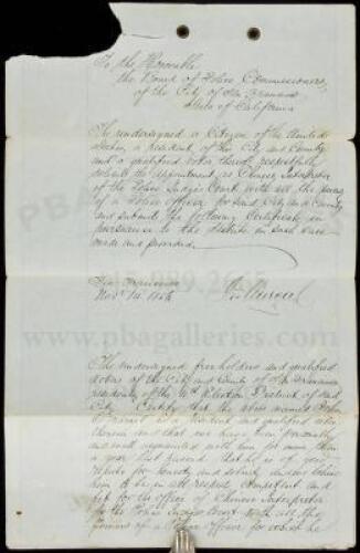 Manuscript document testifying to a San Franciscan's residency and application to become the Chinese language translator for the Police Judge's Court
