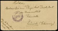 Envelope addressed in German to Mechaniker un Physikal Institut in Zurich, and signed by Albert Einstein