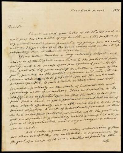 Important Draft Autograph Letter regarding the National Bank