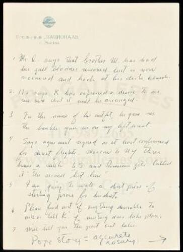 Two items from Steinbeck's visit to Russia in 1963, including a handwritten note