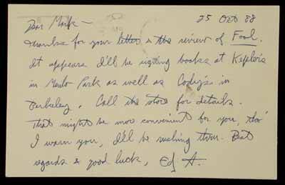 Autographed postcard, signed, from Abbey to Mark Richards