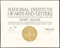 SOLD BY PRIVATE TREATYMembership certificate to the National Insitute of Arts and Letters