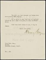 Typed letter from publisher Harper & Brothers to Zane Grey