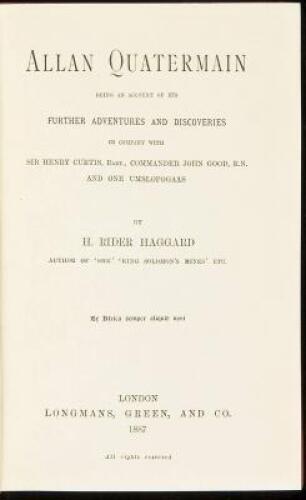 Allan Quatermain: Being an Account of his Further Adventures and Discoveries...