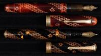 Lot of Two Japanese Lacquer Fountain Pens, Carved Flower Designs, Red and Yellow, C. 1930s