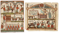 Two chromolithographs by Moshe Ben Yitzchak Mizrahi with scenes from the Book of Esther