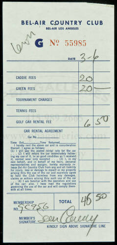 Bel-Air Country Club receipt signed by Sean Connery
