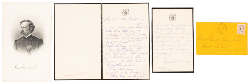 Envelope panel addressed by G.A. Custer to his wife, with 2 letters from Elizabeth Custer presenting it to the Public Library of Chicago