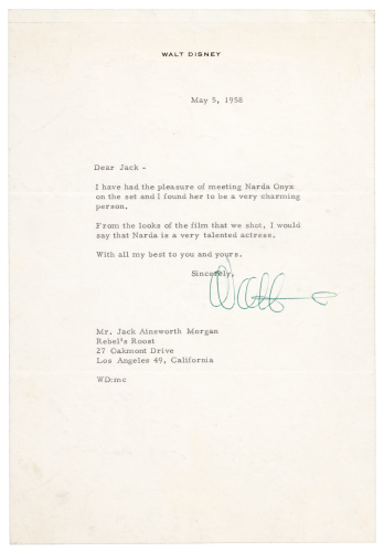 Letter signed by Walt Disney, to restaurateur and sportsman Jack Ainsworth Morgan, about an up-and-coming actress