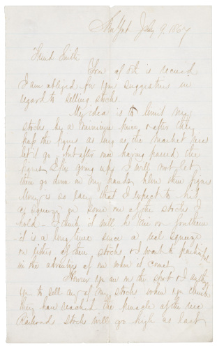 Autograph letter signed by Jay Gould, giving advice on buying and when to sell railroad stocks, apparently to one of his brokers