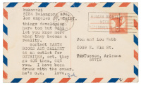 Signed typewritten postcard from Bukowski to Jon and Lou Webb