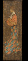 Illustration of a lady golfer on a wooden plank in pyrography