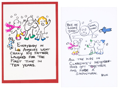Two Christmas cards illustrated by Bukowski