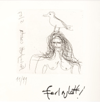 Lithograph of woman with bird on her head