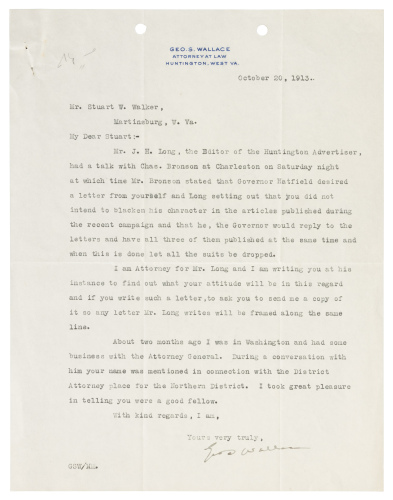 Letter about Governor of West Virginia offer to drop lawsuits about allegations of bestowing favors on Negro saloon and whorehouse proprietor