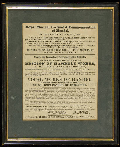 Broadside for the Royal Musical Festival & Commemoration of Handel in Westminster Abbey, 1834