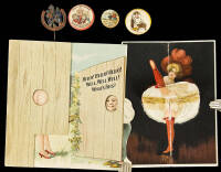Comical ephemera - four buttons and two trade cards